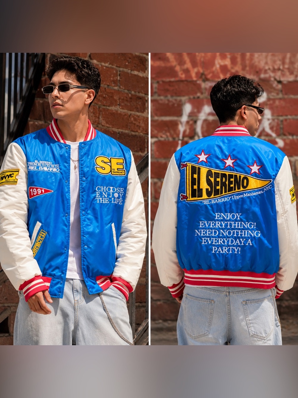 Pull & Bear STWD Varsity Jacket Blue Cream Graphic Bomber El Sereno Size L